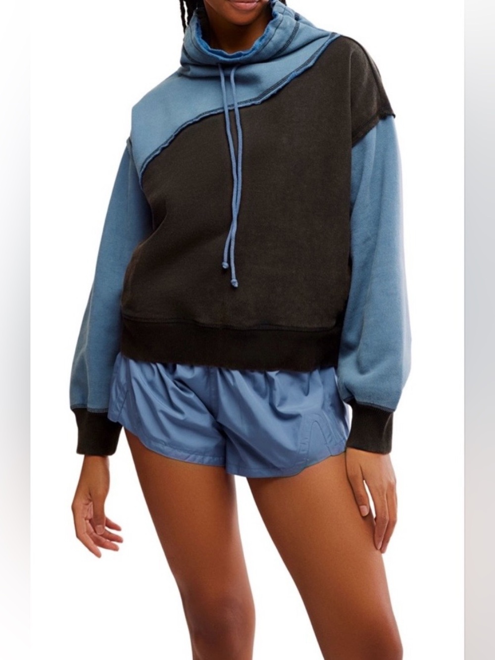 NEW FREE PEOPLE Homestretch Tie Neck Sweatshirt in Black Skyline Combo